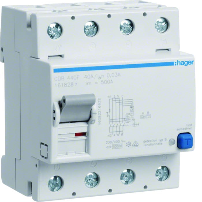 Hager CDB Series Residual Current Circuit Breaker, 40A, 4-Pole, 30 mA, Type B, 0.5 kA 400V ac