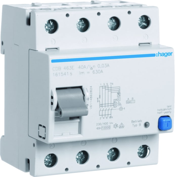 Hager CDB RCCB, 63A, 4 Pole, 30mA, Type B, 230 → 400V ac