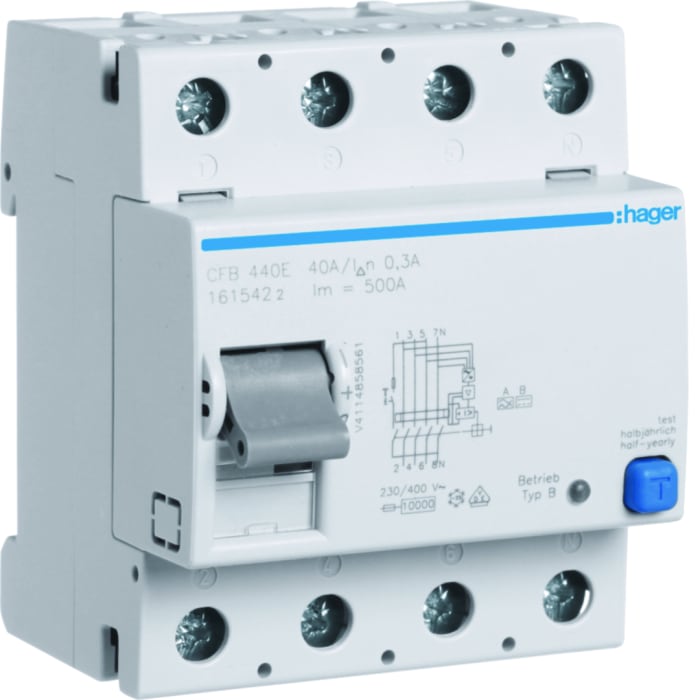 Hager CFB RCCB, 40A, 4 Pole, 300mA, Type B, 230 → 400V ac