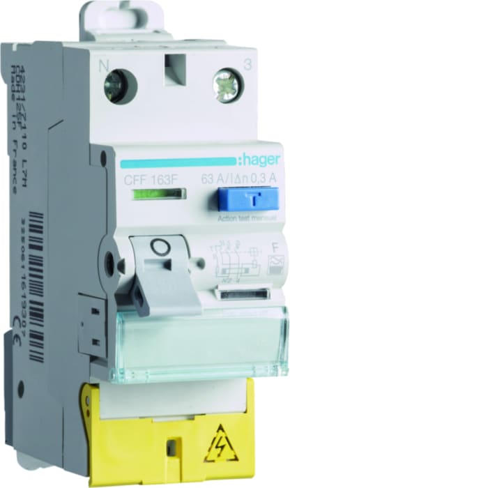Hager CFF Series RCD Switch, 63A, 2-Pole, 300 mA, Type F, 1.5 kA 230V ac