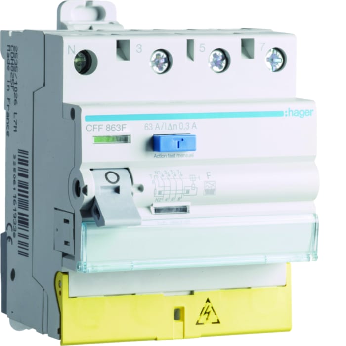 Hager CFF Series RCD Switch, 63A, 4-Pole, 300 mA, Type F, 1.5 kA 400V ac