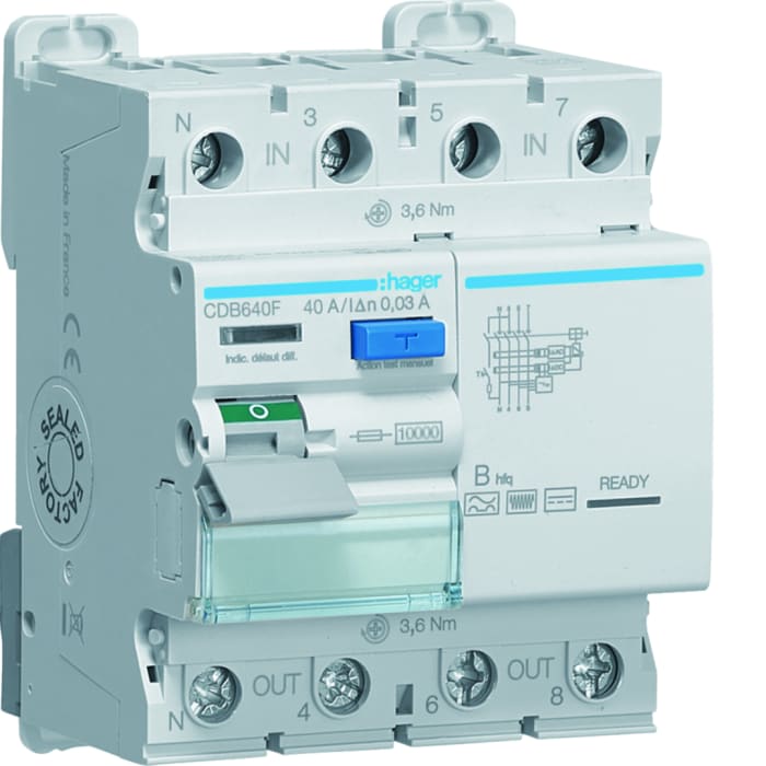 Hager CDB Series RCD Switch, 40A, 4-Pole, 30 mA, Type B, 80 kA 400V ac