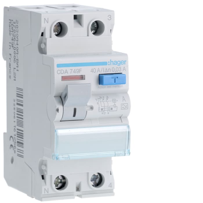 Hager CDA RCD Switch, 40A, 2 Pole, 30mA, Type A, 230V