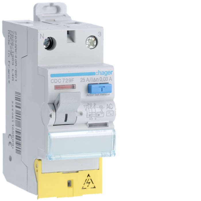 Hager CDC RCD Switch, 25A, 2 Pole, 30mA, Type AC, 127 → 230V