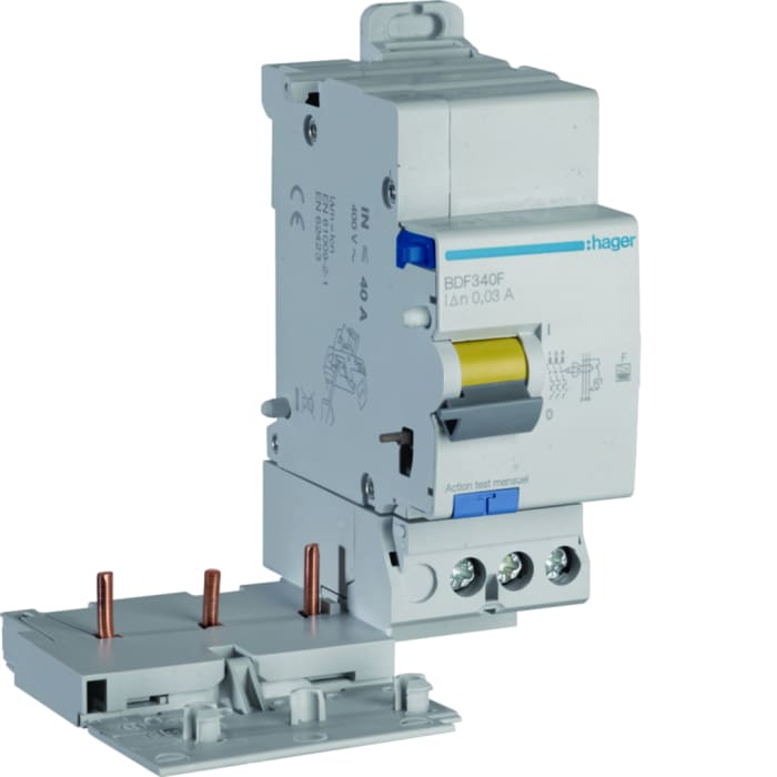 Hager BDF Series RCD, 40A, 3-Pole, 30 mA, Type F