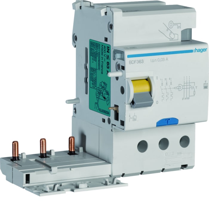 Hager BDF RCD, 63A, 3 Pole, 30mA, Type F, 500V