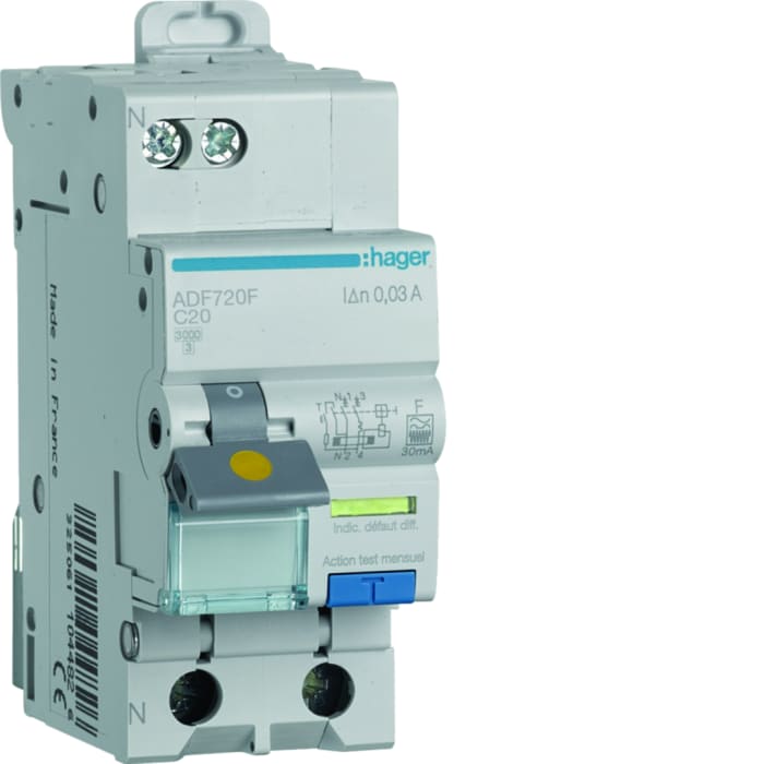 ADF720F Hager | Hager RCBO, 20A Current Rating, 1P+N Poles, 30mA Trip ...