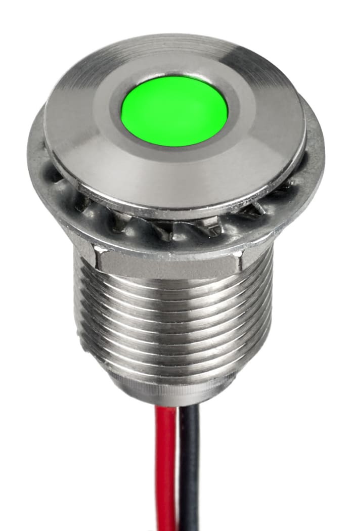 RS PRO Green Panel Mount Indicator, 21.6V dc, 26.4 V dc, Lead Wire Termination, IP67