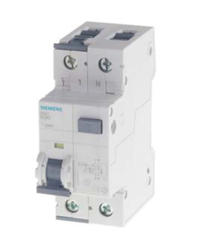 Siemens RCBO, 16A Current Rating, 2P Poles, 30mA Trip Sensitivity, Sentron Range