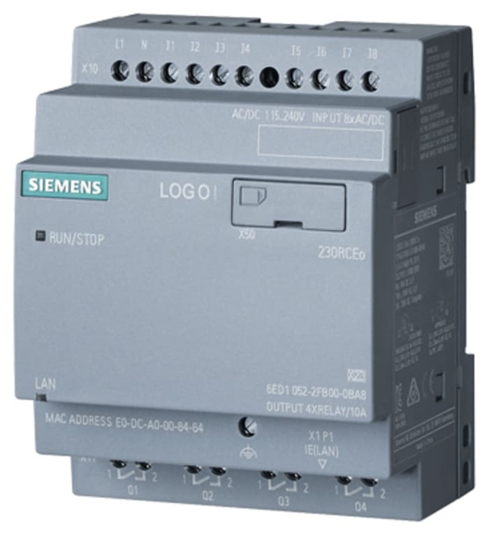 Siemens LOGO! Series Logic Module for Use with LOGO! 8.2, 115 V ac/dc, 230 V ac/dc Supply, Relay Output, 8-Input,