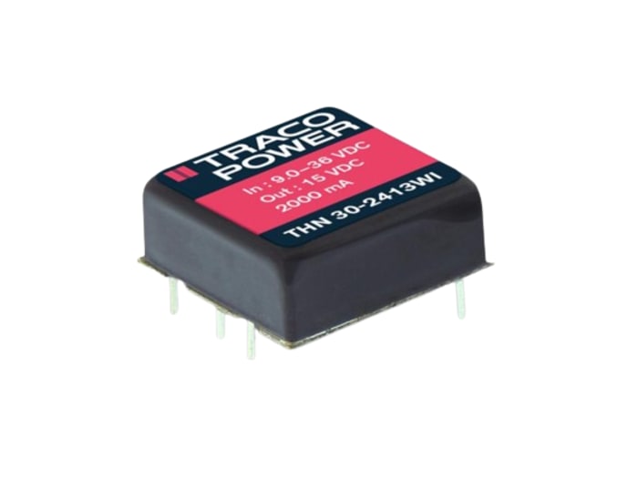 TRACOPOWER THN 30WI DC/DC Converter, 15V dc/ 2 A, 36V dc Input, 9V Input 30 W, PCB, 80 °C Max Temp -40 °C Min Temp,