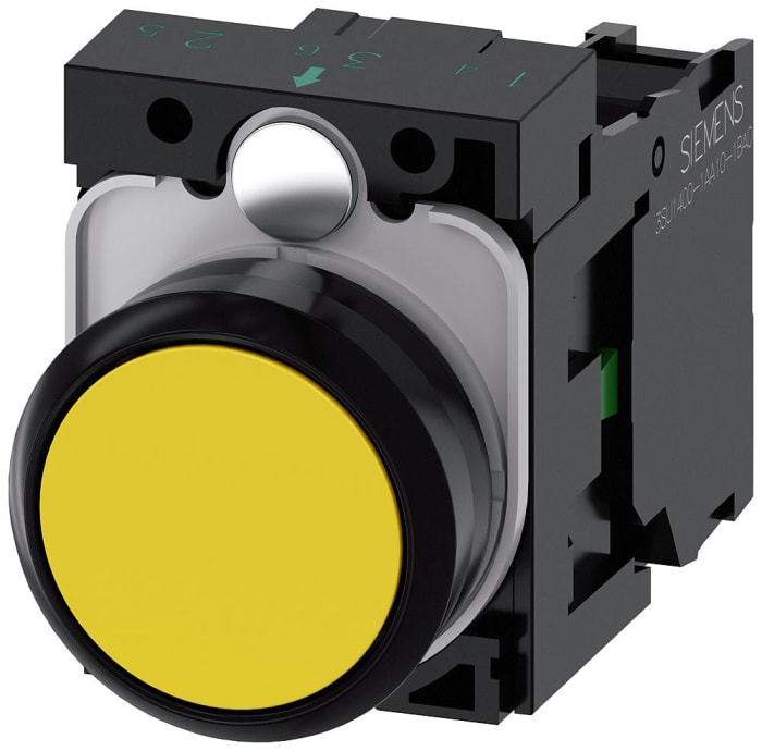 Unidad completa de botón pulsador Siemens SIRIUS ACT 3SU11, color de botón Amarillo, SPST, Montaje en Panel
