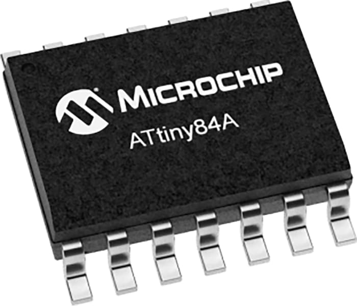 Microcontrolador Microchip ATTINY84A-SSUR, núcleo AVR de 8bit, RAM 512 B, 20MHZ, SOIC de 14 pines