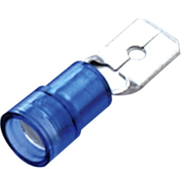 Terminal de lengüeta macho Aislado de color Azul RS PRO RS PRO, 0.8 x 6.35 mm, long. 22 mm, 16 AWG → 14 AWG, de Cobre,