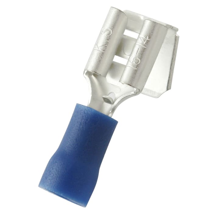 RS PRO Blue Insulated Male to Female Spade Connector, Piggyback Terminal, 0.8 x 6.35mm Tab Size, 1.5mm² to 2.5mm²