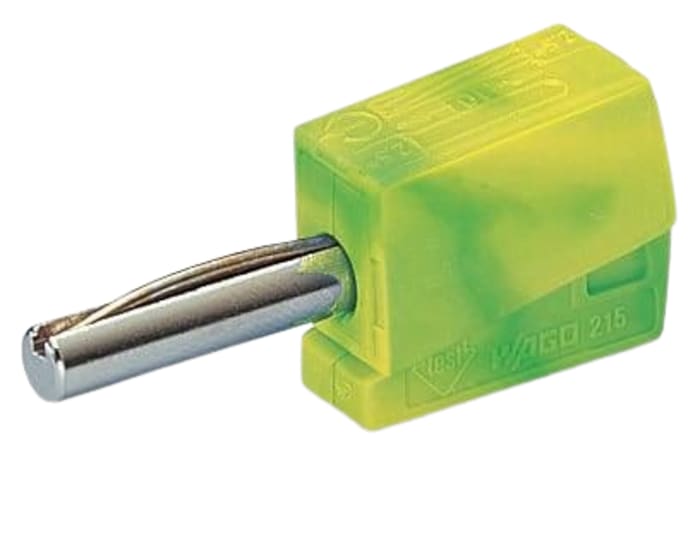 WAGO Green/Yellow Male Banana Plug, 4 mm Connector, Cage Clamp Termination, 20A, 42V, Nickel Plating