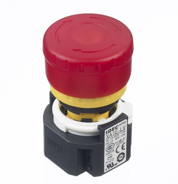 Idec XA Series Twist Release Illuminated Emergency Stop Push Button, Panel Mount, 16mm Cutout, 2NC, IP65