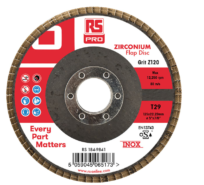 RS PRO Zirconium Flap Disc, 125mm x 7mm Thick, 120+ Grade, P120 Grit, 5 in pack