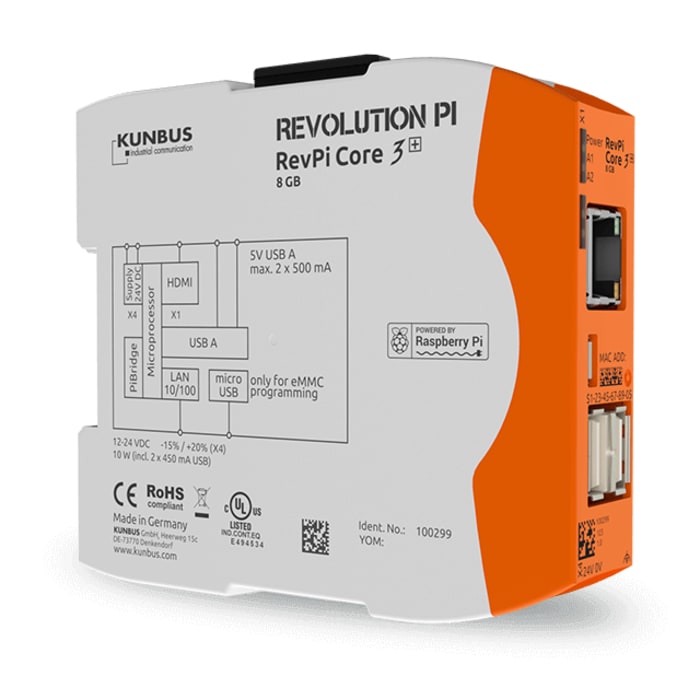 Ordenador industrial Kunbus RevPi Core 3+, 1.2 GHz Quad-Core, BCM2837, con 1 GB (RAM), 8 GB (FLASH), OS Linux, 12 24 V