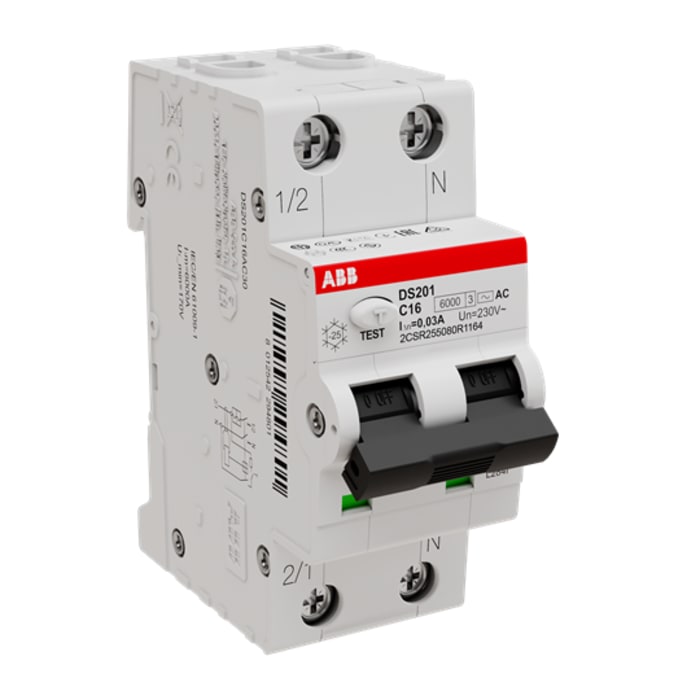 Disjoncteur différentiel magnéto-thermique ABB 16A 2P, sensibilité 30mA Type C, Montage rail DIN, DS201