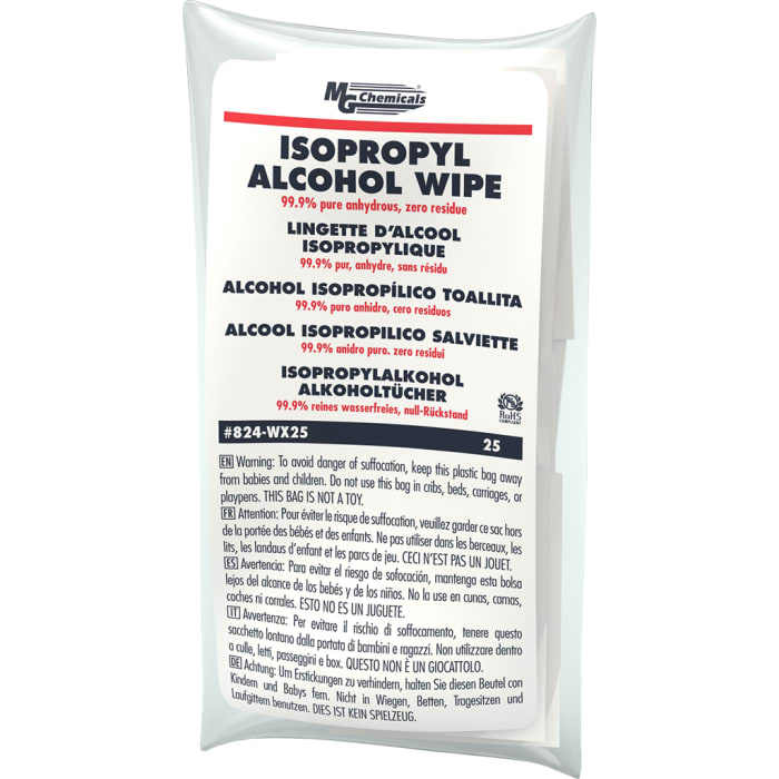 824-WX25 MG Chemicals, MG Chemicals 824-W Wet Isopropanol Wipes, Pack of  25, 210-3653