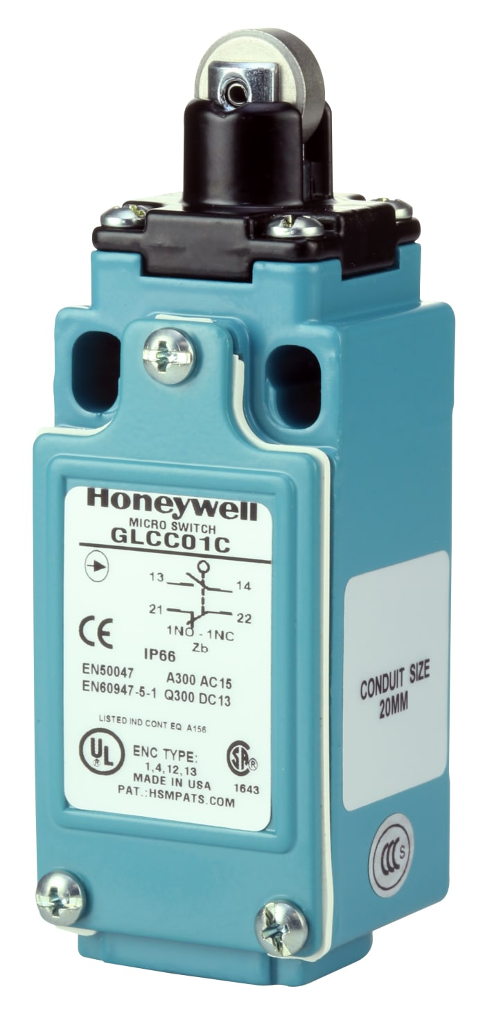 Honeywell Roller Plunger Limit Switch, 1NC/1NO, IP66, SPDT, Die Cast Zinc Housing, 300V ac ac Max, 10A Max