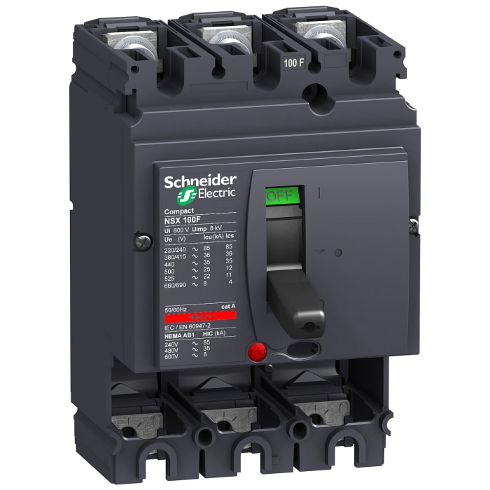 Disjoncteur Schneider Electric NSX 3 pôles, 100A, pouvoir de coupure 36 kA, montage fixe