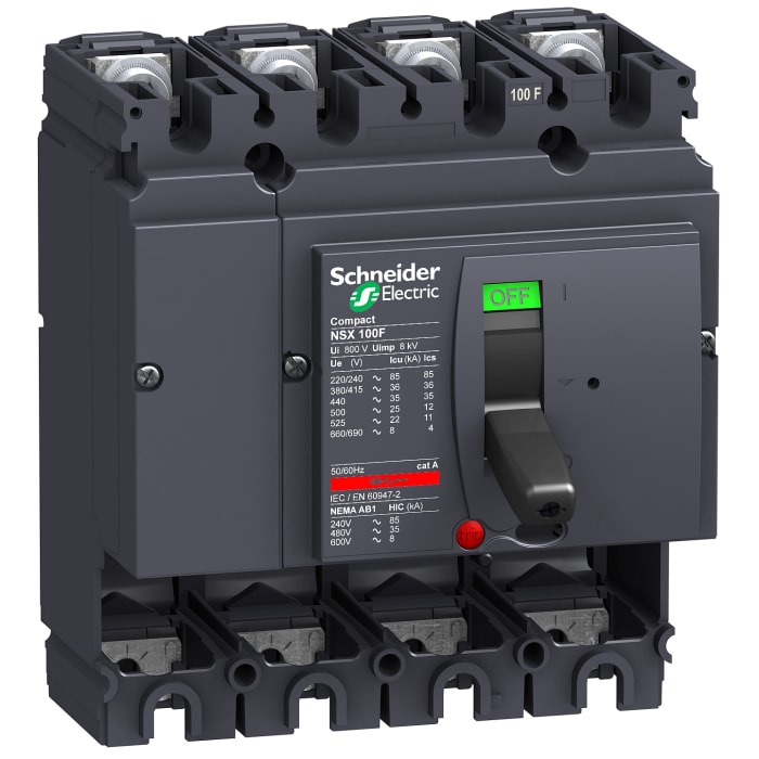 MCCB Schneider Electric, 4 Polos, 100A, Capacidad de Ruptura 36 kA, Montaje fijo, NSX, LV4