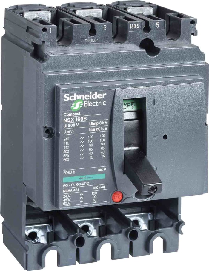 Disjoncteur Schneider Electric NSX 3 pôles, 160A, pouvoir de coupure 70 kA, montage fixe