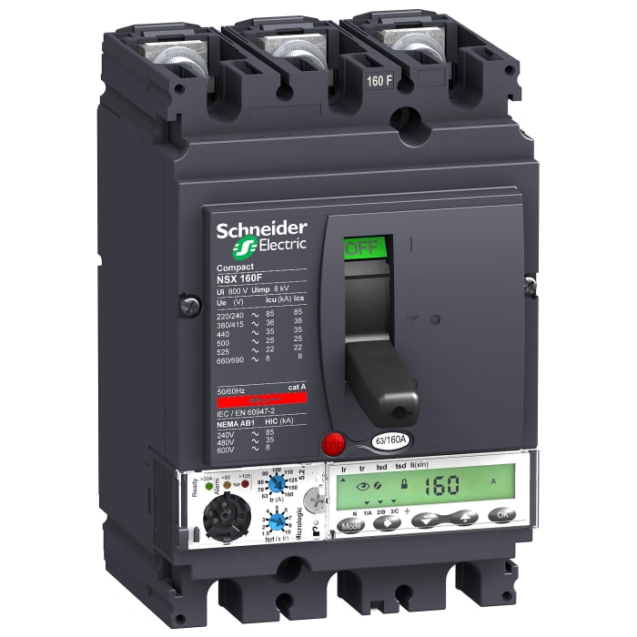 MCCB Schneider Electric, 3 Polos, 160A, Capacidad de Ruptura 36 kA, Montaje fijo, NSX, LV4