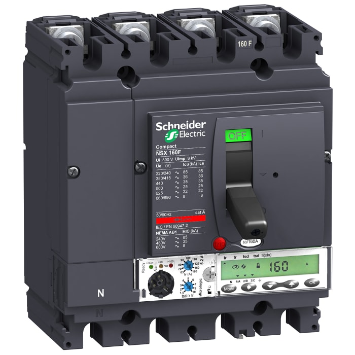 Disjoncteur Schneider Electric NSX 4 pôles, 160A, pouvoir de coupure 36 kA, montage fixe