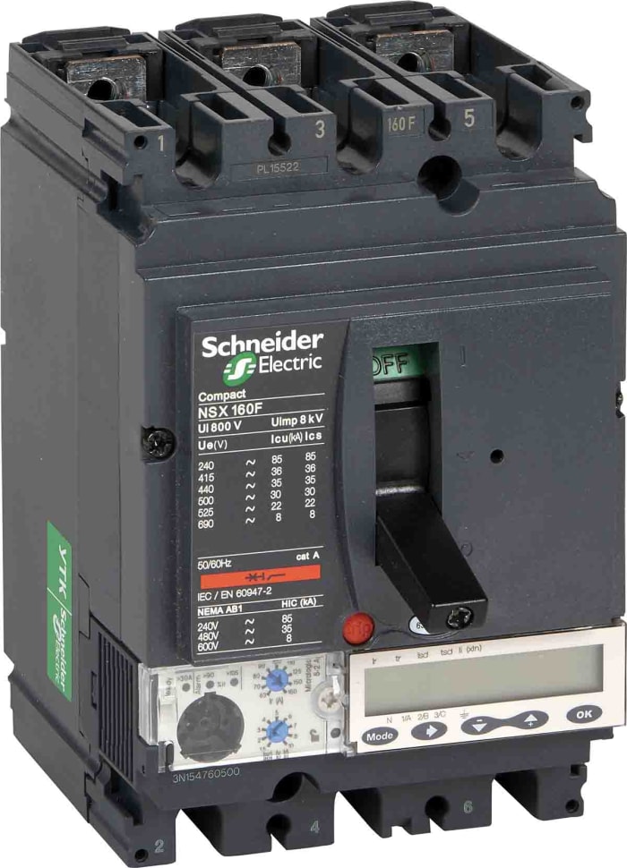 MCCB Schneider Electric, 3 Polos, 160A, Capacidad de Ruptura 50 kA, Montaje fijo, NSX, LV4