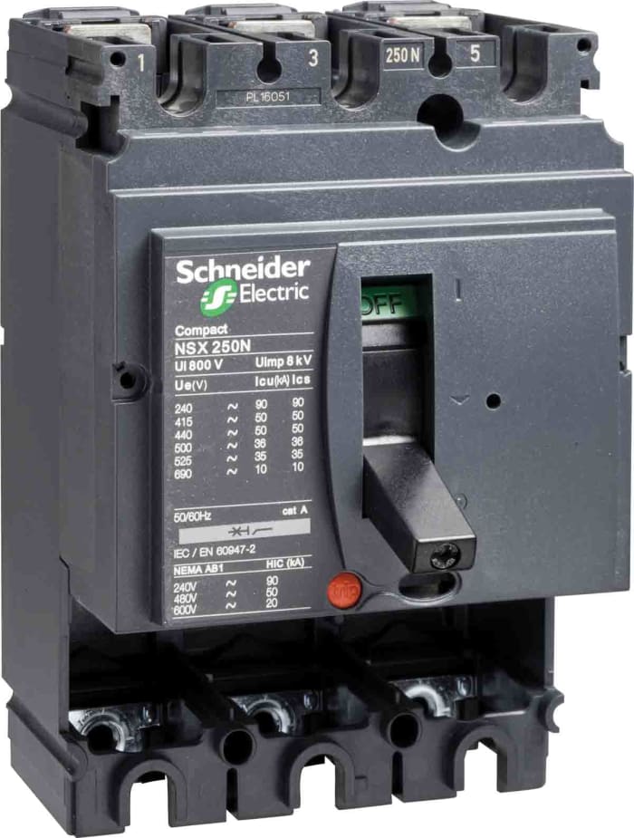 Schneider Electric, NSX MCCB 3P 250A, Breaking Capacity 100 kA, Fixed Mount