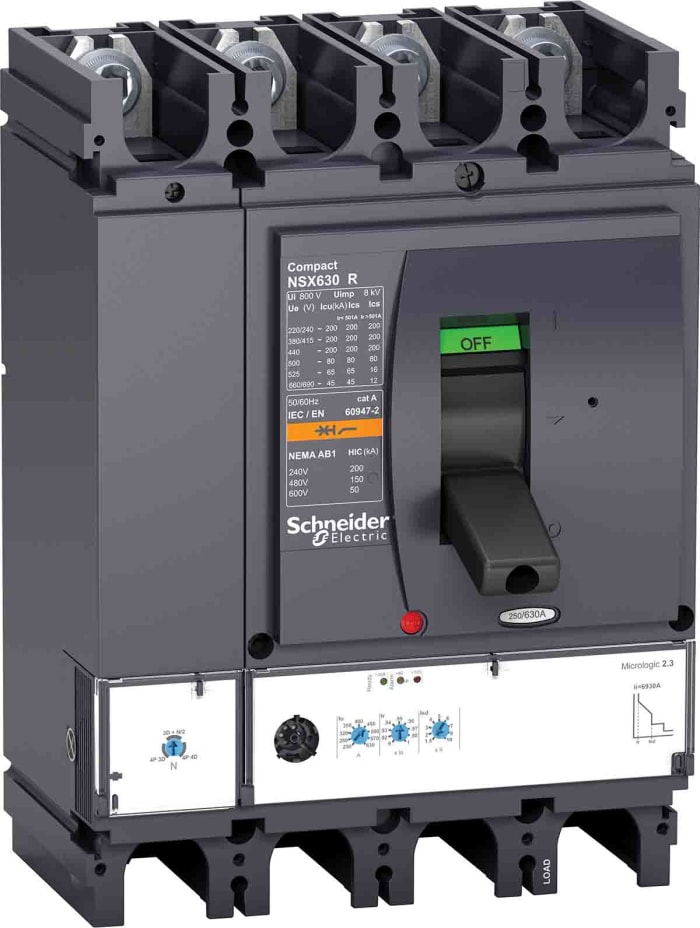 Schneider Electric, NSX MCCB 4P 630A, Breaking Capacity 200 kA, Fixed Mount