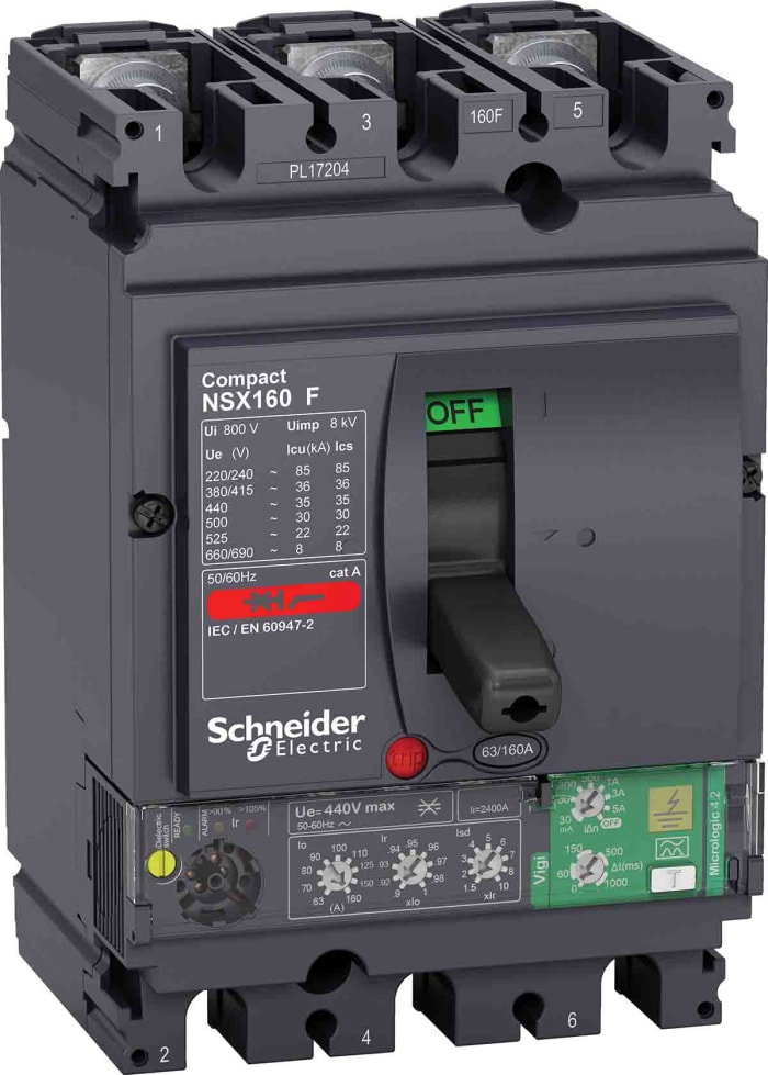 Disjoncteur Schneider Electric NSX 3 pôles, 160A, pouvoir de coupure 36 kA, montage fixe