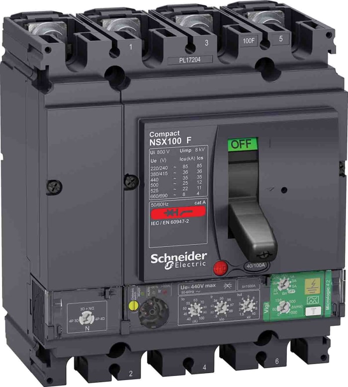 MCCB Schneider Electric, 4 Polos, 100A, Capacidad de Ruptura 36 kA, Montaje fijo, NSX, LV4