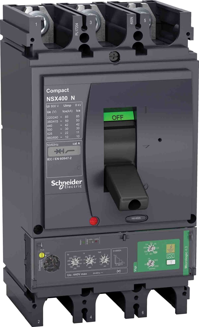 MCCB Schneider Electric, 3 Polos, 400A, Capacidad de Ruptura 50 kA, Montaje fijo, NSX, LV4