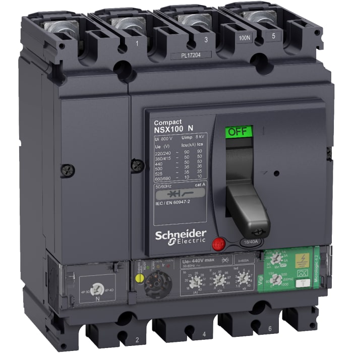 Disyuntores de caja moldeada MCCB Schneider Electric, 4 Polos, 40A, Montaje fijo, Compacto, LV43