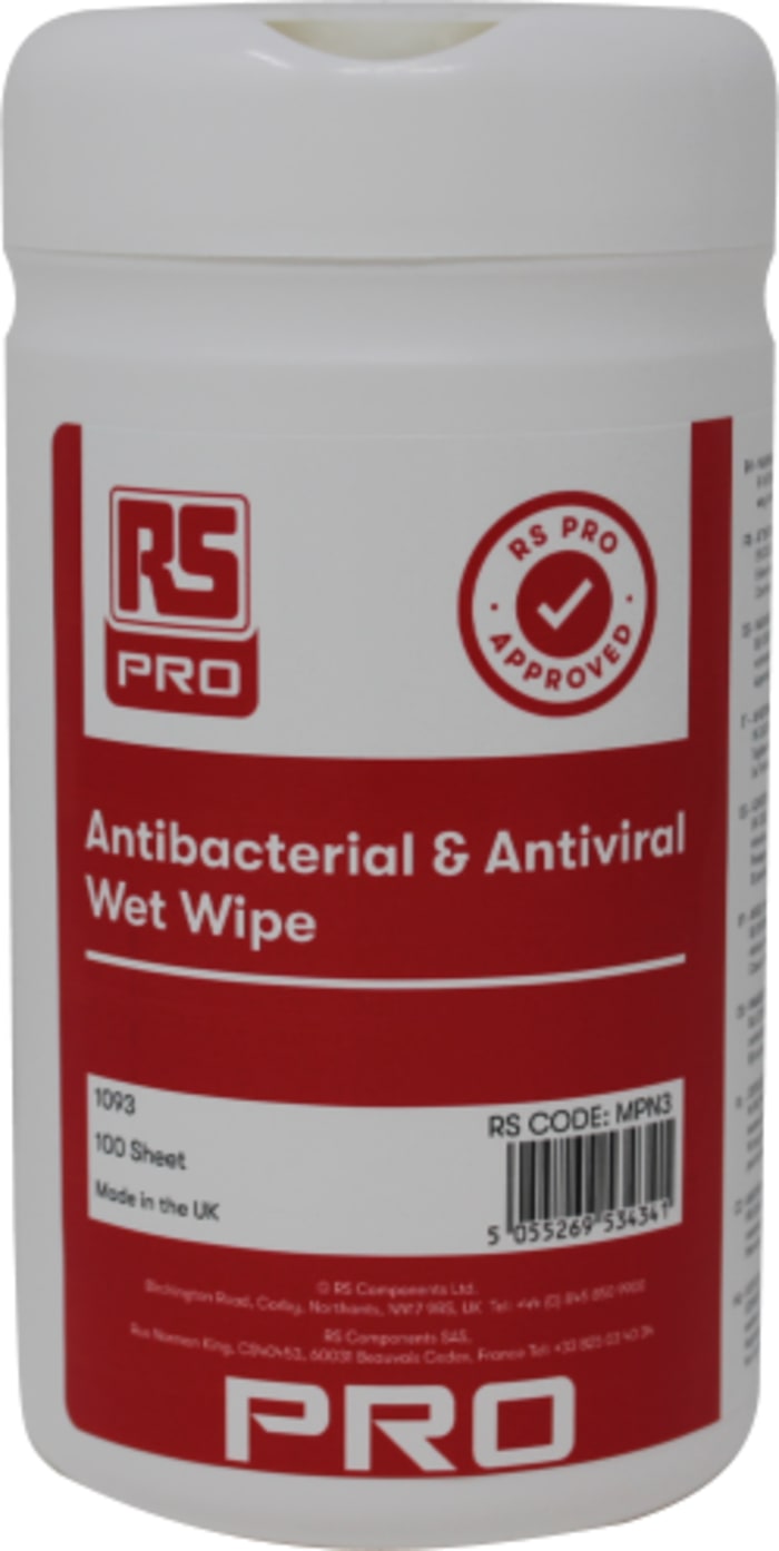 RS PRO Wet Anti-Bacterial Wipes, Tub of 100