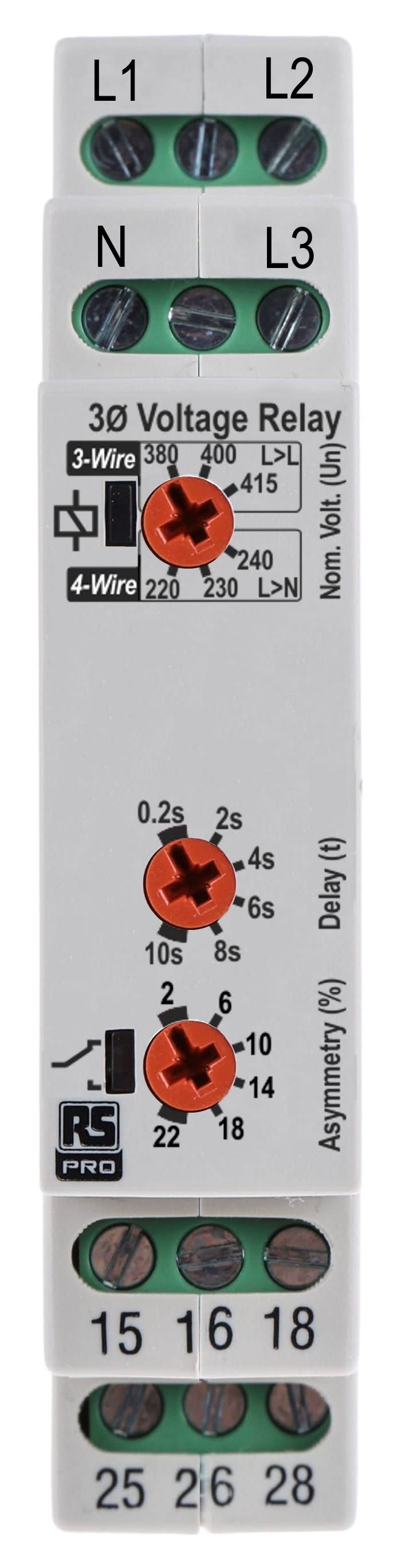 RS PRO Voltage Monitoring Relay, 3 Phase, DPDT, 243 → 540 V, DIN Rail