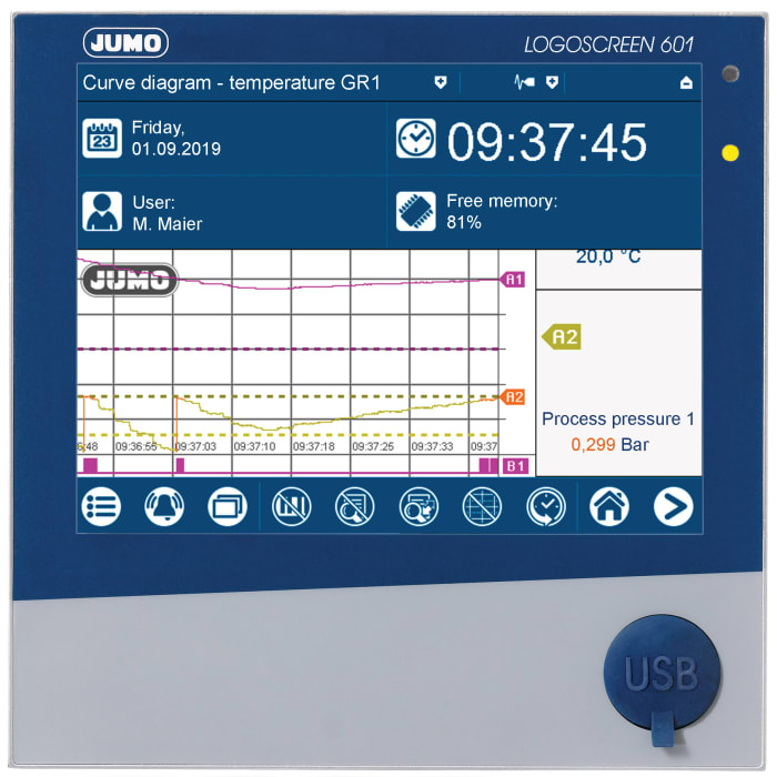 Jumo Logoscreen 601, 3 analog, 6 digital Input Channels, 1 analog Output Channels, Graphical Chart Recorder