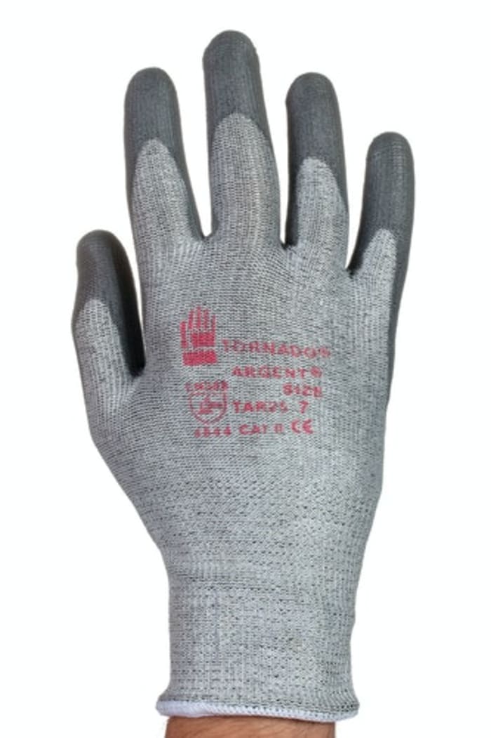 Tornado Argent Grey Yarn Cut Resistant Gloves, Size 9, Polyurethane Coating
