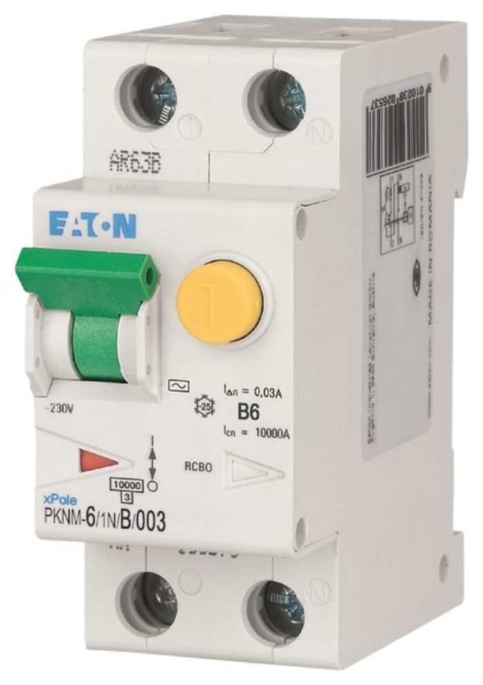 Eaton RCBO, 6A Current Rating, 1P + N Poles, 30mA Trip Sensitivity, xPole Range