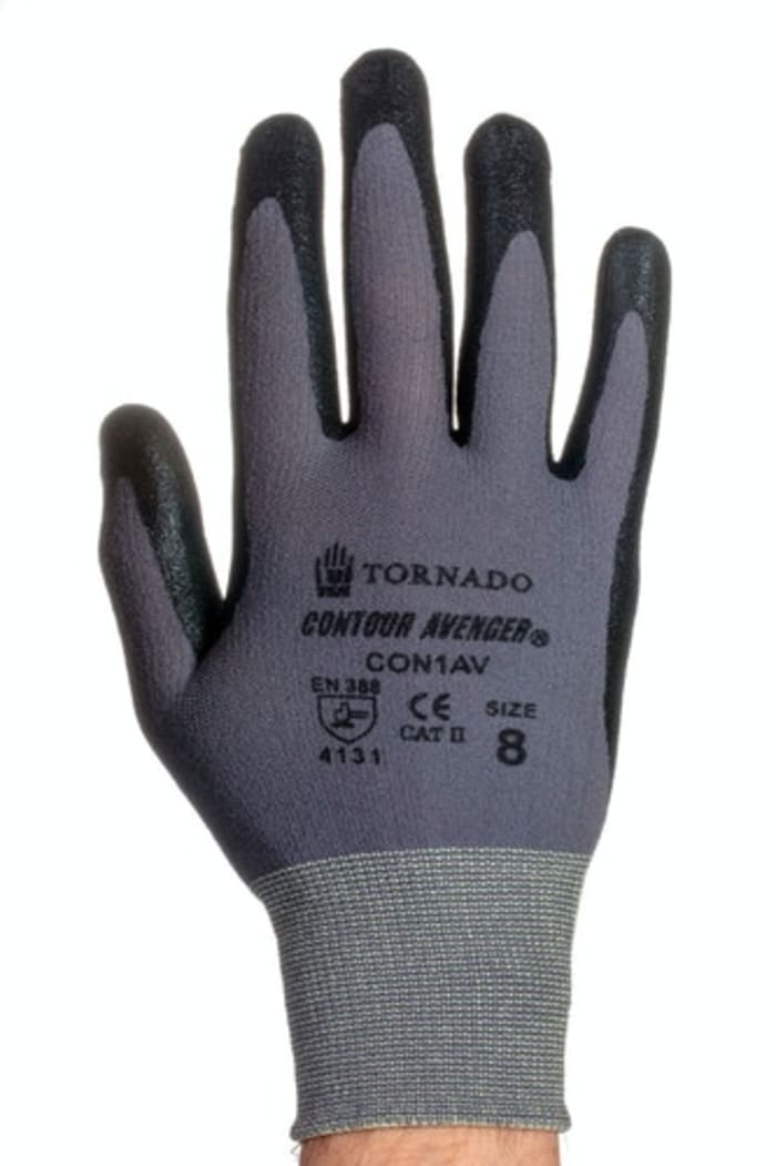 Tornado Contour Avenger Black, Grey Nylon Abrasion Resistant Work Gloves, Size 11, Polymer Coating