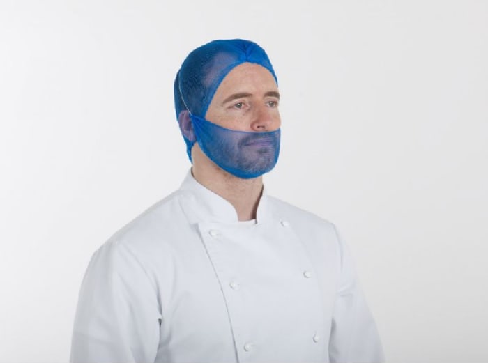 Hairtite Blue Disposable Hair Net for Food Industry Use, One-Size, Beard Mask Type, Metal Detectable