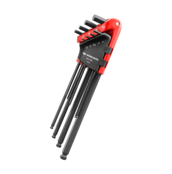 Facom 9 piece L Shape Metric Hex Key Set, 1.5 mm, 2.5 mm, 2 mm, 3 mm, 4 mm, 5 mm, 6 mm, 8 mm, 10 mm