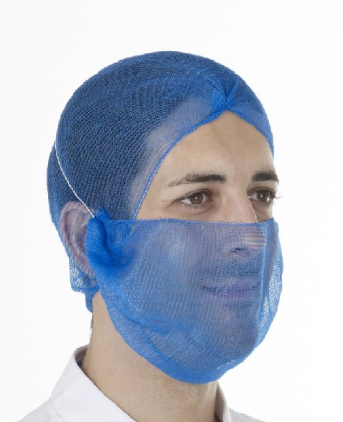Hairtite Blue Disposable Hair Net for Food Industry Use, X Large, Beard Mask Type, Non-Metal Detectable