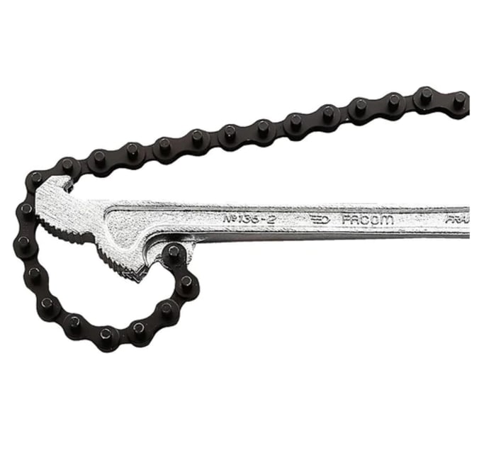 Facom Chain Wrench, 600 mm Overall, 60 - 140mm Jaw Capacity, Metal Handle