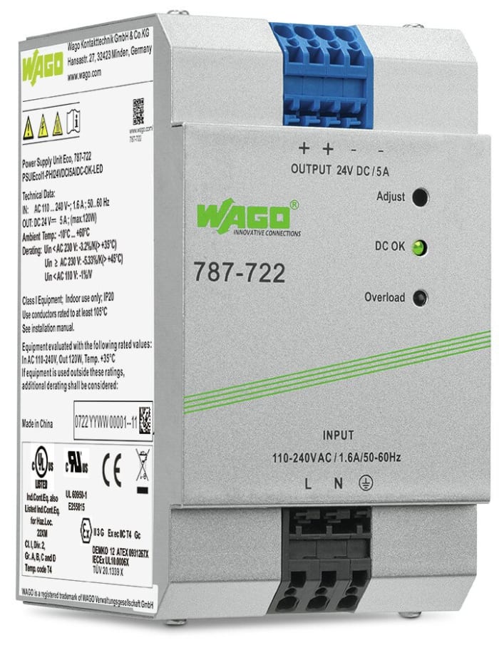 Alimentation pour rail DIN WAGO, série 787, 24V c.c.out 5A, 120W