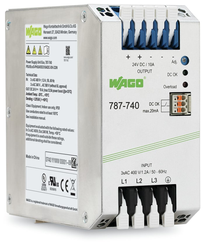 WAGO 787 Switched Mode DIN Rail Power Supply, 400V ac, dc Input, 24V dc dc Output, 10A Output, 240W